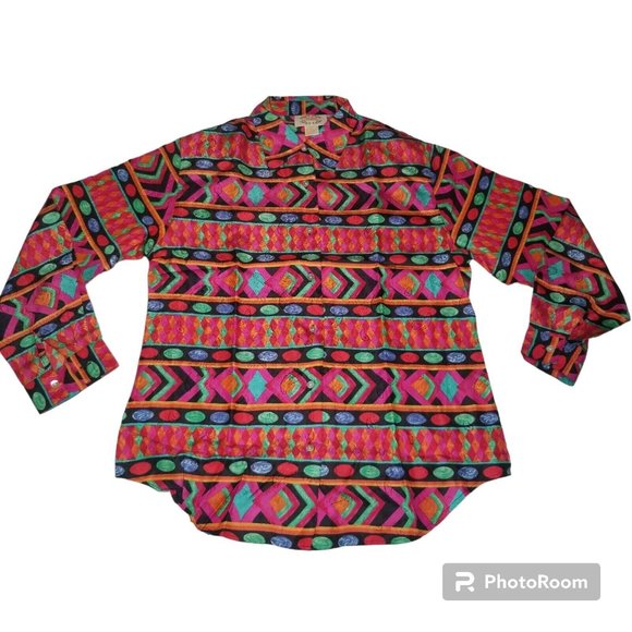 Vtg 90s Metro Express 100% Silk Blouse Tropical Artsy Abstract Retro Shirt Med - Picture 7 of 8